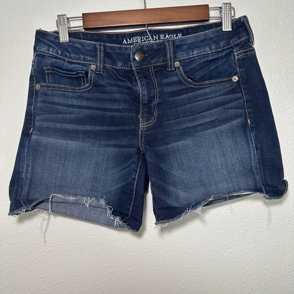 American Eagle Outfitters Midi Super Stretch Dark Wash Raw Hem Denim Shorts 8